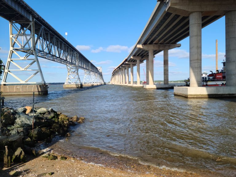 Existing and new Harry Nice Bridge crossing the Potomac River during construction of the parallel bridge replacement.